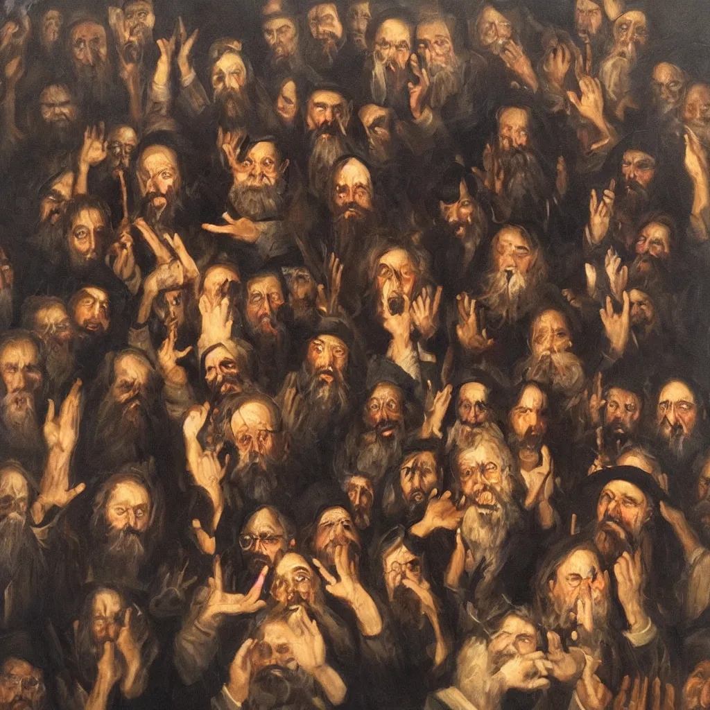 Image similar to oil painting by christian rex van minnen portrait of jewish chabad cult, extremely bizarre disturbing, intense chiaroscuro lighting perfect composition masterpiece intense emotion