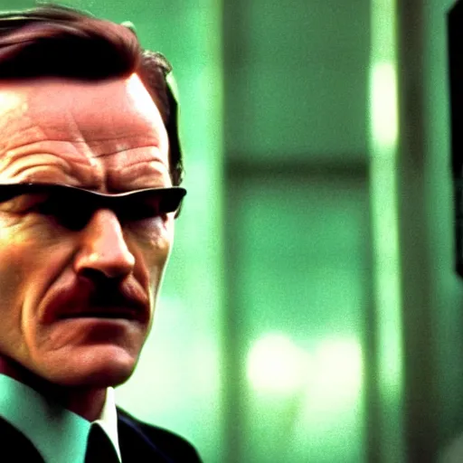 Image similar to film still of Bryan Cranston as Neo in The Matrix (1999), light green tint, film grain, dof