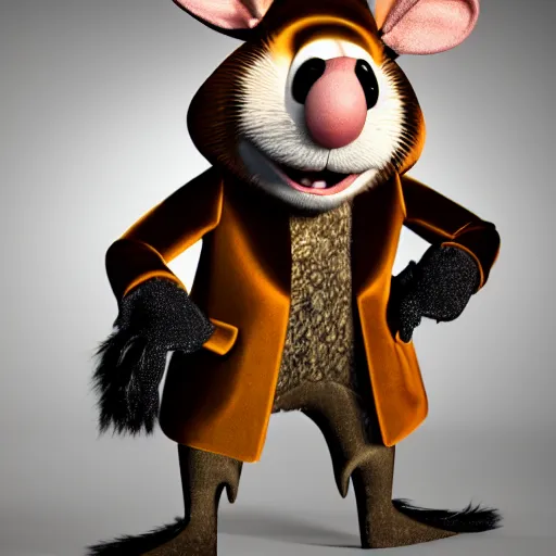 Image similar to 3d anthropomorphic rat, pixar, holding pistol, velvet, fur coat, high quality, expensive silk, gold detailing, fendi, high fashion