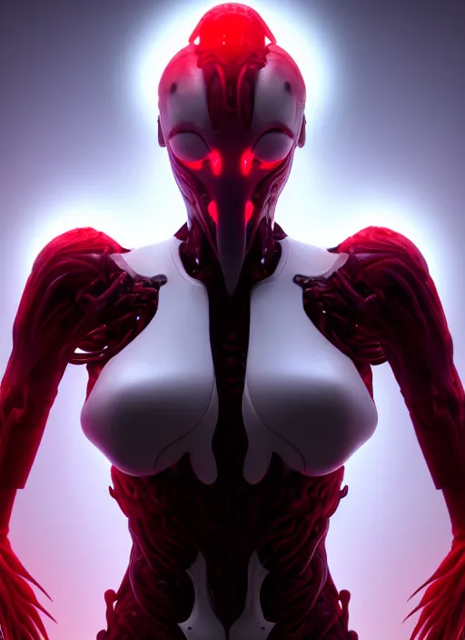 Prompt: stunning symmetric full body character image, woman, predator, Protoss, human, Tsutomu Nihei, 3d octane render, unreal engine, hyper realistic, realistic, white bone armor, soft illumination, human facial features, surrounded in red glowing tendrils of whispy smoke, trending artstation, 4K, insane