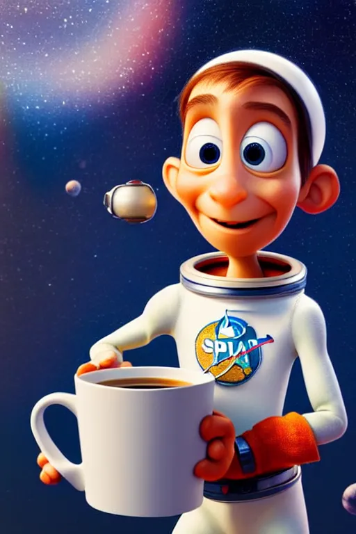 Image similar to portrait of a astronaut holding a cup of coffee with the space in background, full body. pixar disney 4 k 3 d render funny animation movie oscar winning trending on artstation and behance, ratatouille style