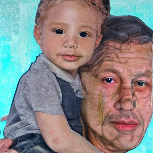 Prompt: hyperdetailed maximalist mixed media collage of a photorealistic father with child. pastel tones