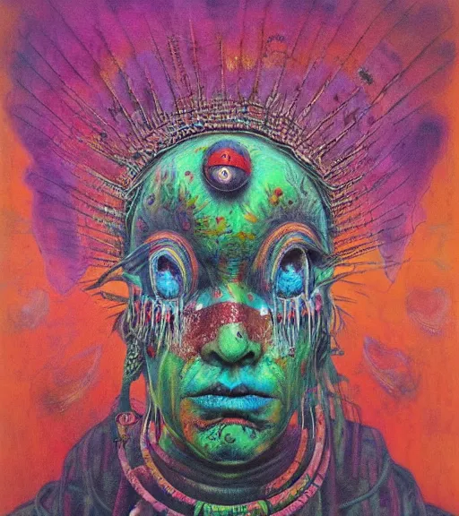 Image similar to Portrait painting in a style of Beksinski mixed with Alex Grey of an old shaman dressed in a colorful traditional clothes. Very psychodelic