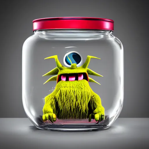 Image similar to Evil monster in a jar, product photography, centered, studio lightning