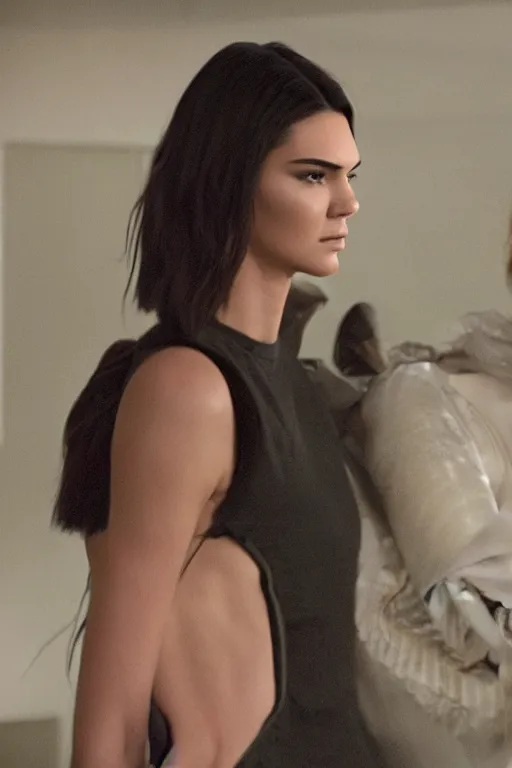 Prompt: film still of Kendall Jenner in the new Denis Villeneuve film, xenomorph holding Kendall again the wall, close shot, Kendall unconscious, cinematic lighting, 4k.