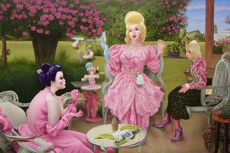 Image similar to Angelyne and martina bigg share stories on the veranda, painted by mark ryden