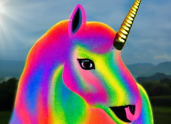 Prompt: a unicorn made out of diamonds. There is a rainbow in the background. Colorful, professional photo, award winning, 4k