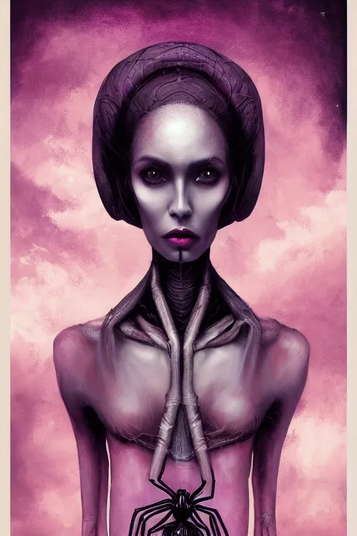 Image similar to portrait of an elegant alien spider queen, long legs, many legs, spindly legs, by artgerm, tom bagshaw, gerald brom, vaporwave colors, lo - fi colors, vaporwave, lo - fi, moody vibe, goth vibe, 4 k, hd,