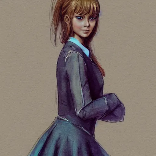 Image similar to a perfect, realistic professional digital sketch of a Russian schoolgirl posing, in style of Marvel, full length, by pen and watercolor, by a professional American senior artist on ArtStation, a high-quality hollywood-style sketch, on high-quality paper