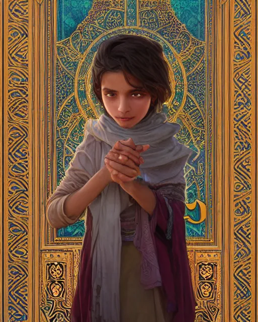 Image similar to a faceless bedouin child infront of a big open quran highly detailed, gold filigree, romantic storybook fantasy, soft cinematic lighting, award, disney concept art watercolor illustration by mandy jurgens and alphonse mucha and alena aenami, pastel color palette, featured on artstation