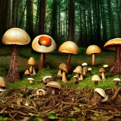 Image similar to Aliens in the shape of mushrooms being harvested by hippies in the woods, with UFO flying around, realistic