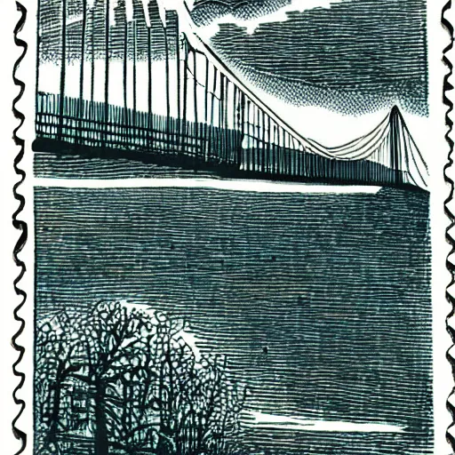 Prompt: small steel suspension bridge built in 1 9 2 8, side view, puffy clouds in background, woodcut style stamp, 8 k