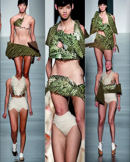 Image similar to multi panel storyboard of olivia wearing an outfit made of palm leaves, runway model at new york fashion week, sporty physique, black hair, freckles, pale skin, multiple angles, photo by greg rutkowski, stage lighting, soft colors, female beauty, intricate detail, elegance, 3 5 mm, depth of field, masterpiece