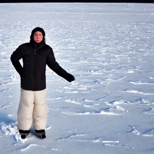 Image similar to portrait of an eskimo standing on ice in the arctic tundra littered with plastics