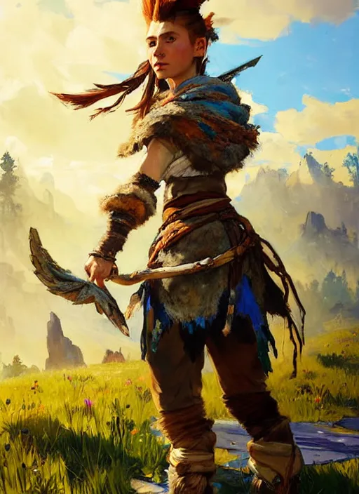 Image similar to portrait of a eastern european Aloy from Horizon Zero Dawn in the style of League of Legends practicing, countryside, calm, fantasy character portrait, dynamic pose, above view, sunny day, clouds in the sky, artwork by Jeremy Lipkin and Giuseppe Dangelico Pino and Michael Garmash and Rob Rey and Huang Guangjian, very coherent asymmetrical artwork, sharp edges, perfect face, simple form, face by Fernanda Suarez and Greg Manchess, 100mm