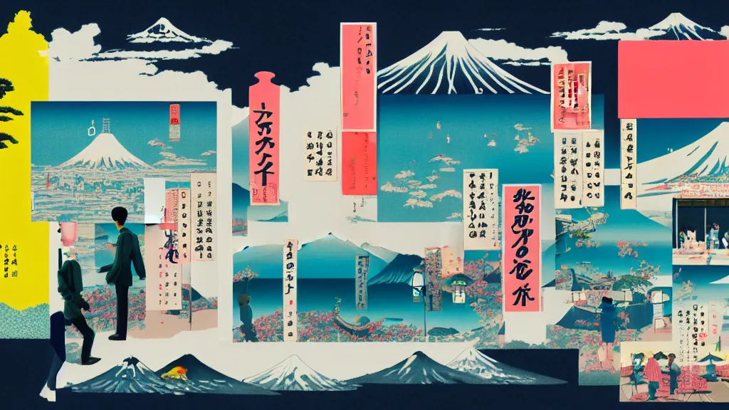 Image similar to a scene representing travel and tourism, japan, a collage painting, in the style of wes anderson, lola dupre, david hockney, isolated on negative white space background dark monochrome neon spraypaint accents volumetric octane render