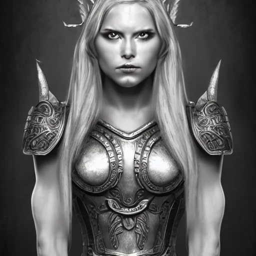 Image similar to a realistic pencil drawing of a female valkryie, extremely pronounced nordic feminine features, midriff, ornate metal chest plate, low dutch angle, face in focus, natural lighting, realism, feminine and muscular