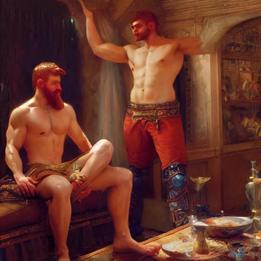 Image similar to attractive muscular mike with ginger hair with attractive tyler with brunet hair, drinking their hearts out, in their noble mansion. image defined to the maximum, highly detailed painting by gaston bussiere, craig mullins 8 k