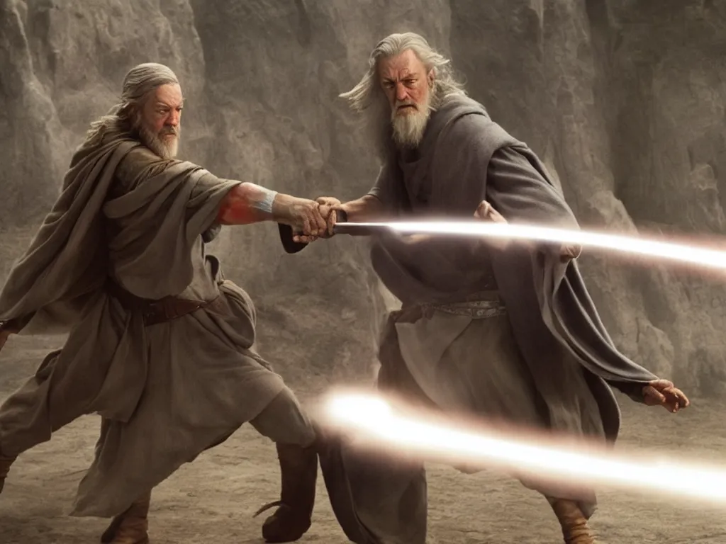 Image similar to Obi Wan fighting Gandalf