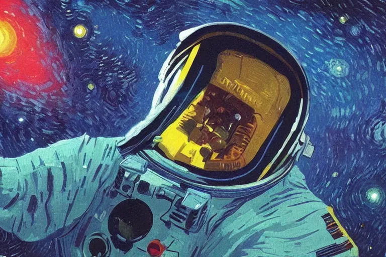 Prompt: digital painting of an astronaut in space, by paul lehr and vincent di fate and van gogh, highly detailed, intricate, sharp focus, science fiction, galaxies, stars, supernova, black hole, galaxy, planet, void, artstation, cinematic lighting, studio ghibli color pallette, trippy, retrofuturism