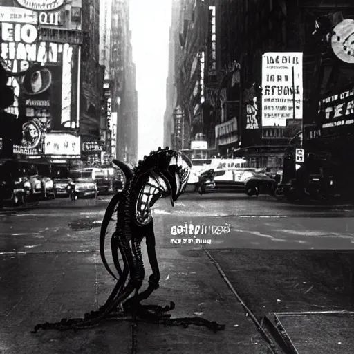 Image similar to old black and white photo, 1 9 1 3, depicting a xenomorph from the movie aliens rampaging through the bustling streets of new york city, historical record