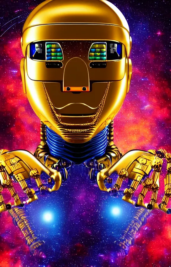 Prompt: portrait of a robot humanoid alien with golden armature, Lionel Messi face and medieval helmet. Galactic iridescent background in the style of Tim white and moebius