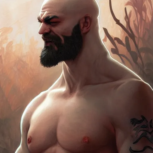 Image similar to Kratos, highly detailed, digital painting, artstation, concept art, smooth, sharp focus, illustration, ArtStation, art by artgerm and greg rutkowski and alphonse mucha and J. C. Leyendecker and Edmund Blair Leighton and Katsuhiro Otomo and Geof Darrow and Phil hale and Ashley wood and Ilya repin and Charlie Bowater