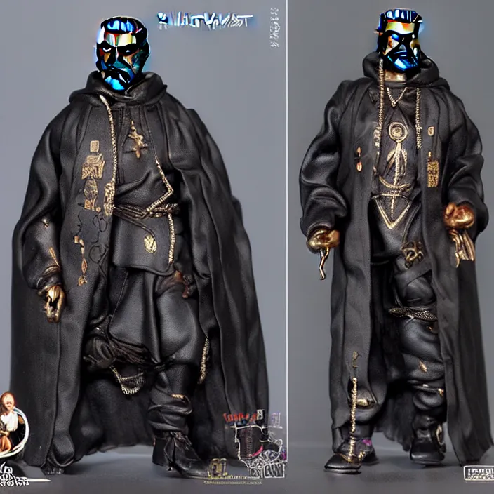 Image similar to a hot toys figure of kanye west using a black religious - themed face - covering mask with jesus graphics designed by pierre - louis auvray made of cloth, a black shirt, a blue puff undersized round jacket and black rubber boots, figurine, detailed product photo