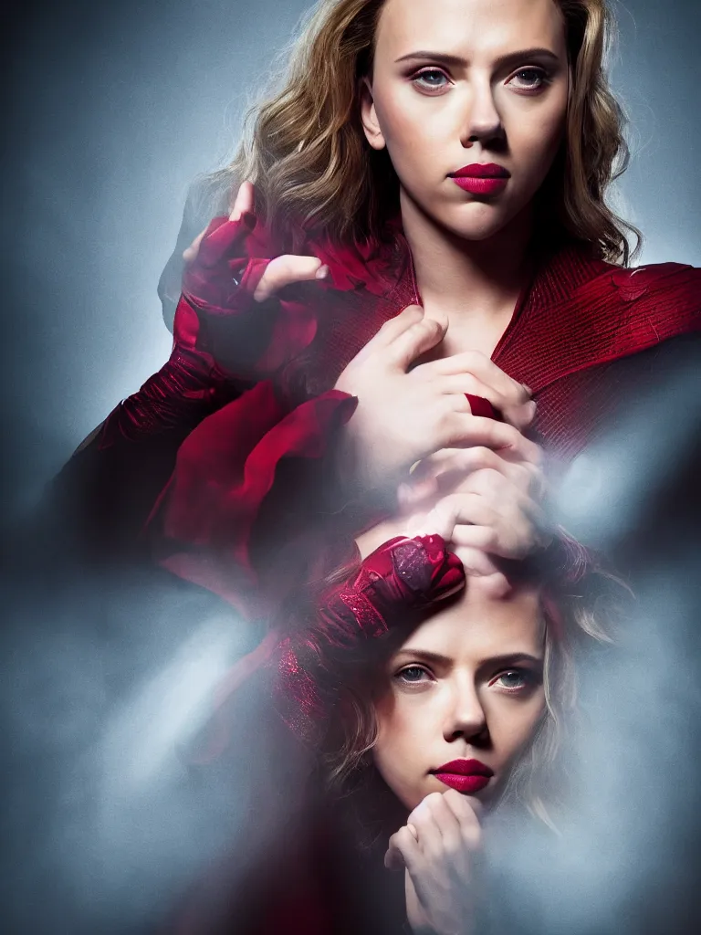 Prompt: scarlett johansson as the scarlet witch, studio lighting, photographic portrait, sigma 8 5 mm lens