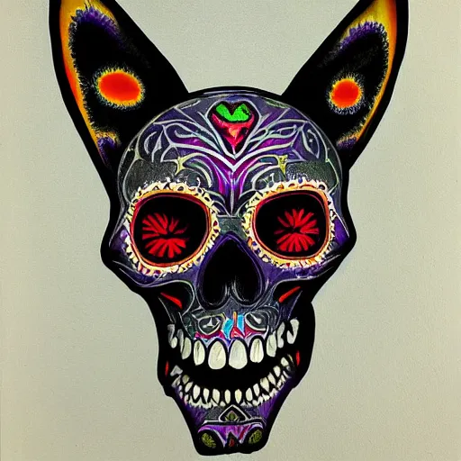 Image similar to a realistic portrait of dia de los muertos fox skull character, themed on the stars and moon, painting by jeff easley, stylized, black light, neon, black velvet, bowling alley carpet, dnd beyond