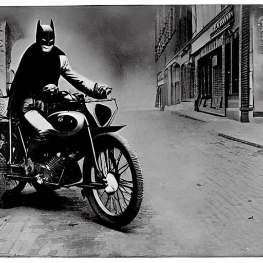 Image similar to old black and white photo, 1 9 1 3, depicting batman on a motorcycle from dark knight racing through the bustling streets of new york city, rule of thirds, three - point perspective, historical record
