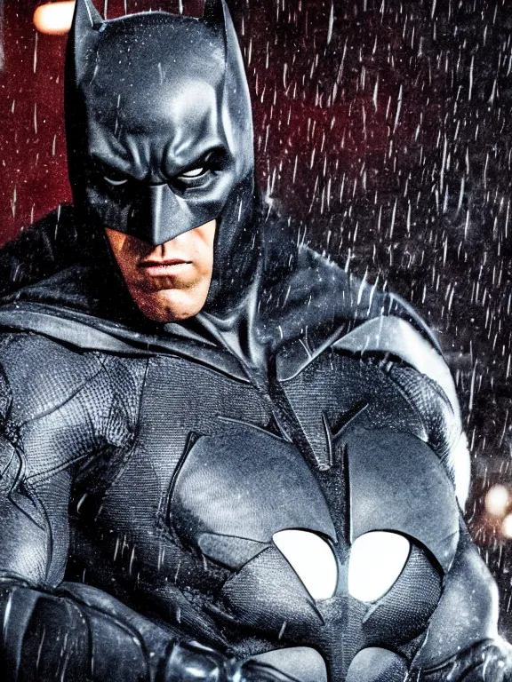 Image similar to film still, ryan reynolds as batman, maskless!!!, hyperrealism, moody lighting, rain, intricate, 8 k