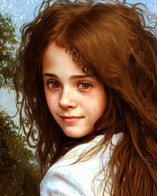 Image similar to close up portrait of 1 5 - year - old girl, smile with large front teeth, hermione granger, very bushy brown hair, and very bright brown eyes, wearing white shirt, hyper realistic face, beautiful eyes, close up, fantasy art, in the style of greg rutkowski, intricate, alphonse mucha, hyper detailed, smooth