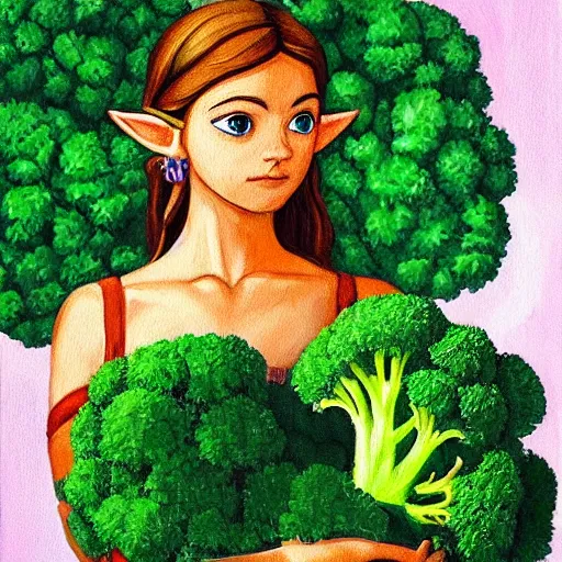 Prompt: painting of zelda touching a broccoli, the painting looks like the creation of adam by michelangelo, adam is zelda, god is the broccoli