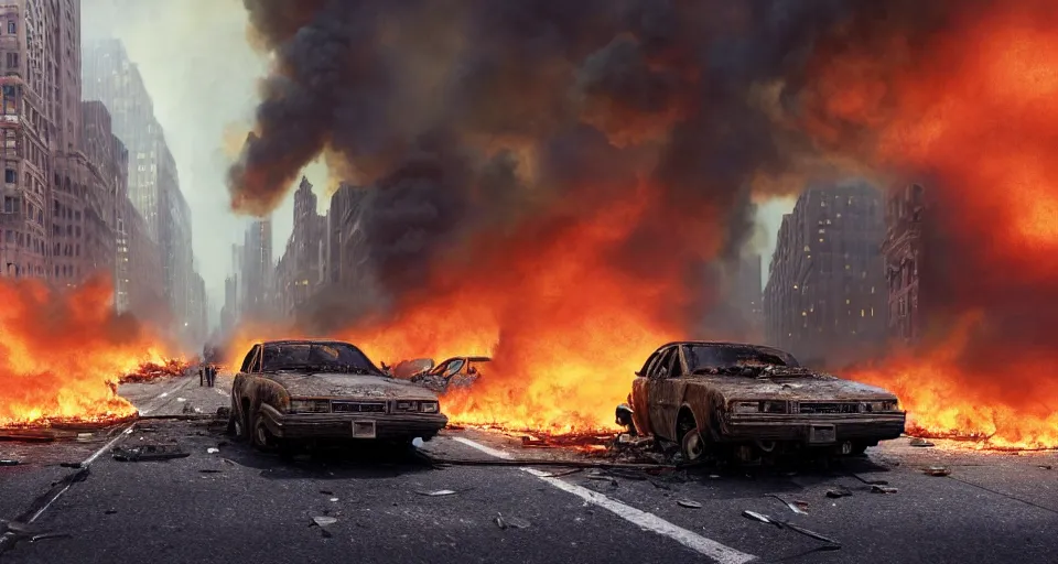 Image similar to A beautiful hyper realistic ultra detailed lifelike matte painting of a scruffy grey Timber Wolf standing in the middle of a destroyed New York City street with cars and buildings engulfed in flames on fire, unreal engine, deviantart, flickr, artstation, octane render, dimly lit, textured, colorful, extreme realistic detail, physically based rendering, pbr render, very detailed, volumetric lighting, detailed lighting, octane render, 4k, cinematic lighting, 8k resolution