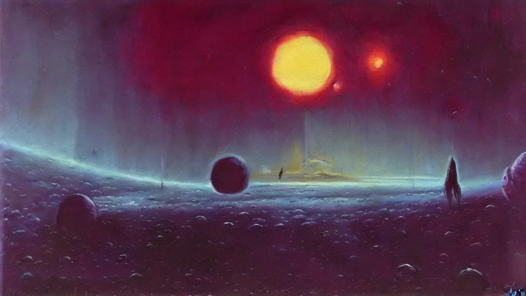 Image similar to eerie atmospheric alien planet by paul lehr and jack gaughan and john schoenherr, epic cinematic matte painting