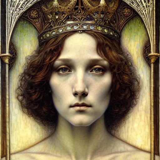 Image similar to detailed realistic beautiful young medieval queen face portrait by jean delville, gustave dore and marco mazzoni, art nouveau, symbolist, visionary, gothic, pre - raphaelite. horizontal symmetry