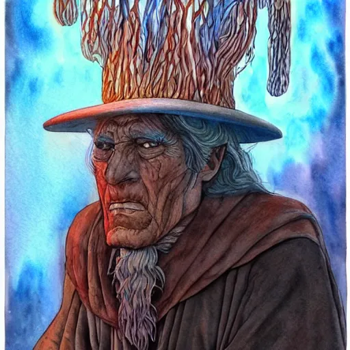 Image similar to very old shaman burns from the inside out, sould explodes, old gray haired mexican mage burn fire, close his eyes with no pain, watercolor ink painting, in the style of jean giraud, in the style of moebius trending on artstation deviantart pinterest detailed realistic hd 8 k high resolution