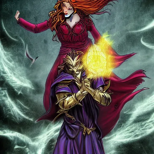 Image similar to The celestial warlock (a beautiful half elf with long red hair) clumsily knocks a single red rose from the top of a funerary urn, releasing an angry wraith from inside. The urn is on the floor, the rose is falling. Dramatic digital art illustration in comic book style by Simon Bisley