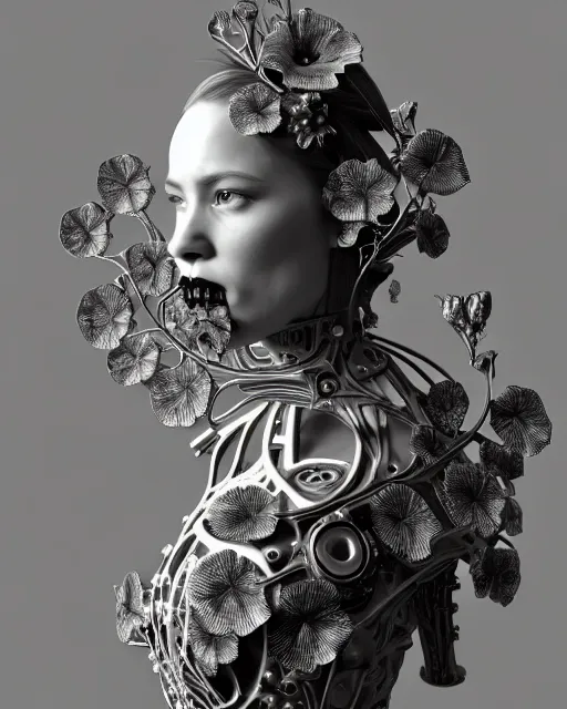 Image similar to monochrome 3 d model, 1 8 7 0 picture, silver mesh floral steampunk biomechanical beautiful young female cyborg with porcelain profile face and a techno eye, volumetric light, leaves foliage and stems, hibiscus flowers, sinuous fine roots, fine foliage lace, alexander mcqueen, rim light, big gothic fashion pearl embroidered collar, octane render, 8 k