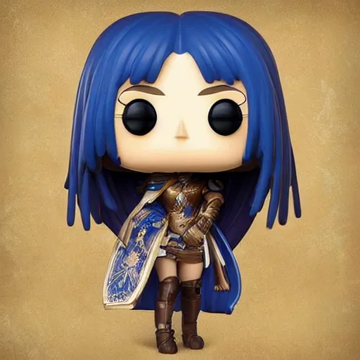 Image similar to “A detailed stunning and beautiful anime woman with brown flowing hair, long blue-cape, decorative leather armor, great proportions, excellent detail, surrounded by a catacomb of books, high quality, Full-body character portrait, trending on artstation, by POP FUNKO”