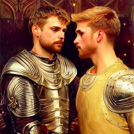 Image similar to attractive fully clothed arthur pendragon confesses his love for his attractive fully clothed male knight. highly detailed painting by gaston bussiere and j. c. leyendecker 8 k