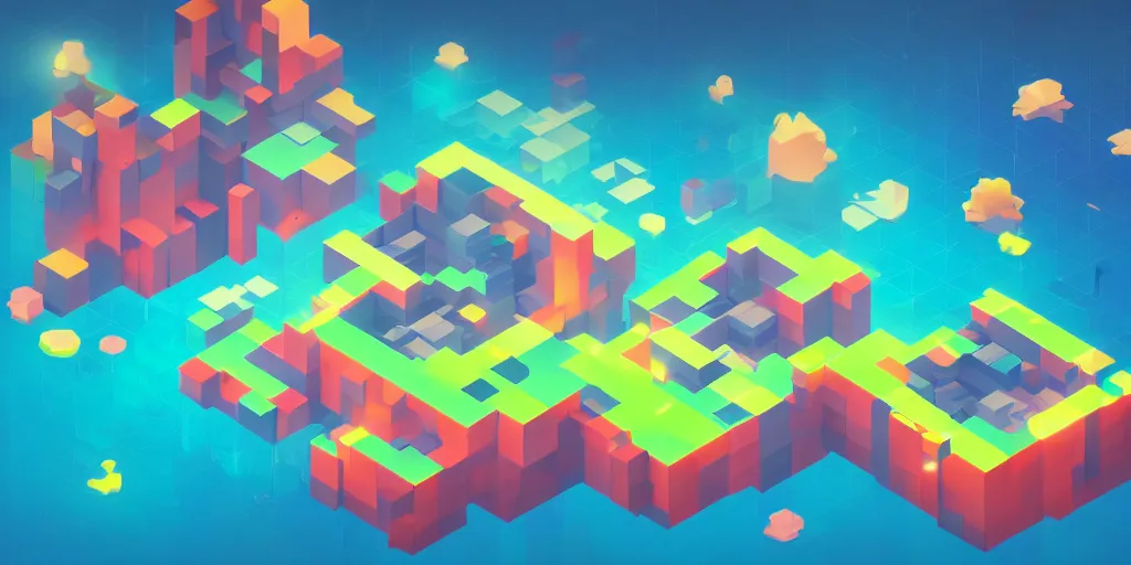 Image similar to isometric videogame screenshot, seperate floating islands, neon, space background, blocks, axure tones, ocean, clouds, mountains, plastic sheen, lensflare, sparkles, glow, shine