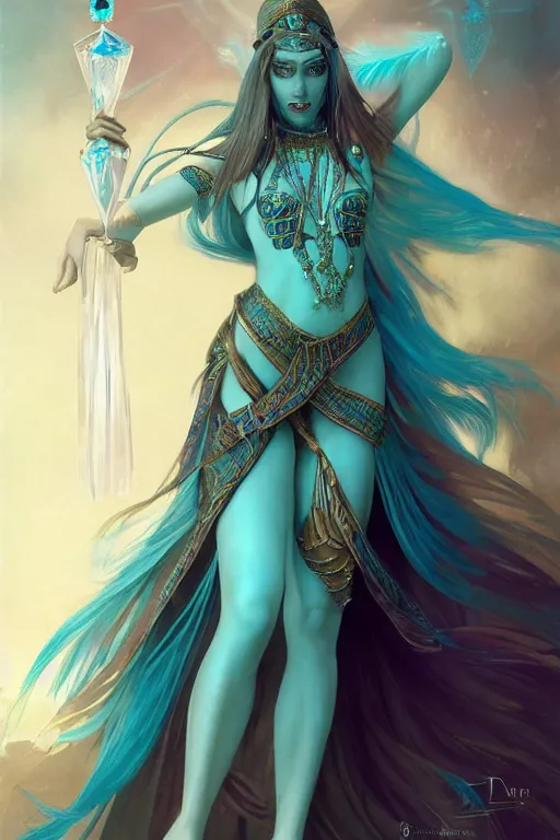 Prompt: beautiful sorceress female with teal colored skin, full body shot, long hair made of kelp, egyptian clothing, carrying a crystal stuff, d & d, fantasy, intricate, elegant, highly detailed, digital painting, artstation, concept art, matte, sharp focus, illustration, hearthstone, art by artgerm and greg rutkowski and alphonse mucha