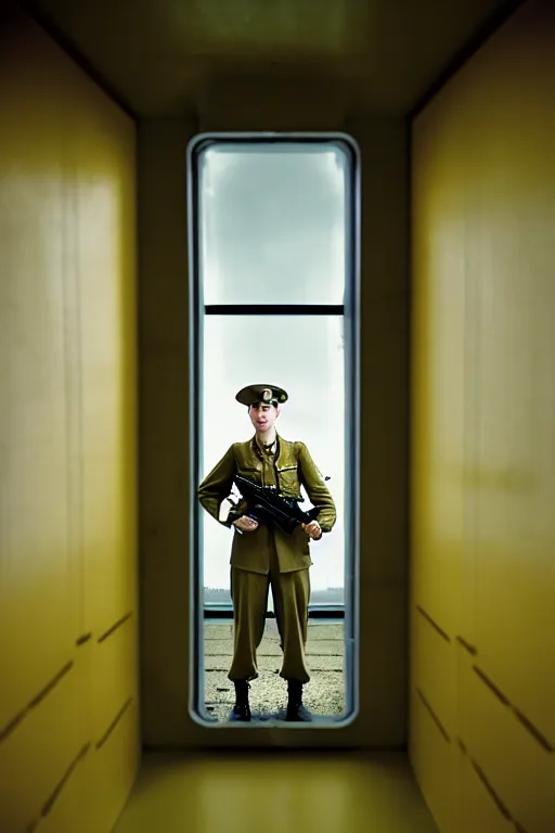 Image similar to kodak portra 5 0 mm f 4 full body portrait photography of a wwii airborne infantry soldier who's a mix of gillian anderson and adam driver, looking exhausted, setting is inside a sci fi megastructure tower looking out a window, photo by erwin olaf