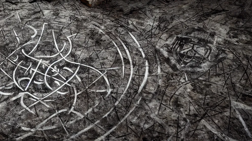 Prompt: close look at a sigil scribbled on the ground and the sigil shining white, inside a haunted destroyed house, trending on artstation, wide view, cinematic view, cinematic, 8 k, digital photo, unreal engine, colored paint, colorful paint, scary style