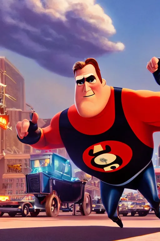 Image similar to film still of mr incredible directing traffic in the the incredibles movie, oil on canvas, intricate, 8 k highly professionally detailed, hdr, cgsociety