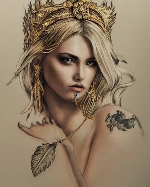 Image similar to tattoo sketch of blonde super model aphrodite greek goddess wearing a gold laurel wreath and triangle earrings, beautiful piercing gaze with sharp pupils, in the style of greg rutkowski, fantasy, amazing detail, epic, elegant, smooth, sharp focus, front view