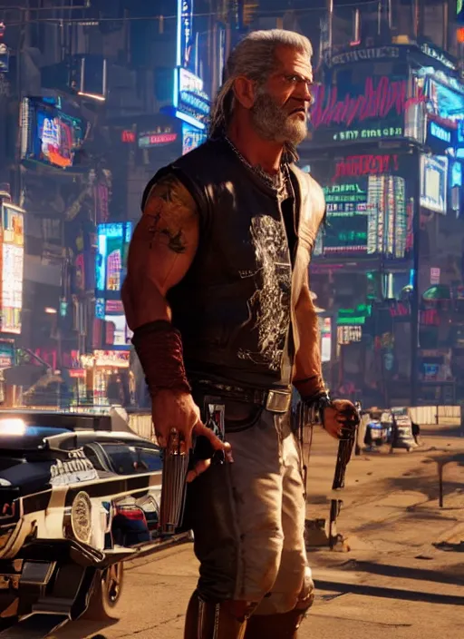 Prompt: film still of Mel Gibson as Johnny Silverhand in Cyberpunk 2077, gameplay, 8k, HD