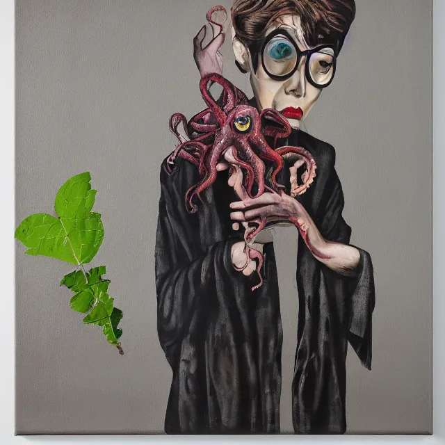 Image similar to a portrait in a dark apartment, rats, a widow holding an octopus, streetlamps, puddles, wild berries, ikebana, neo - expressionism, surrealism, acrylic and spray paint and oilstick on canvas